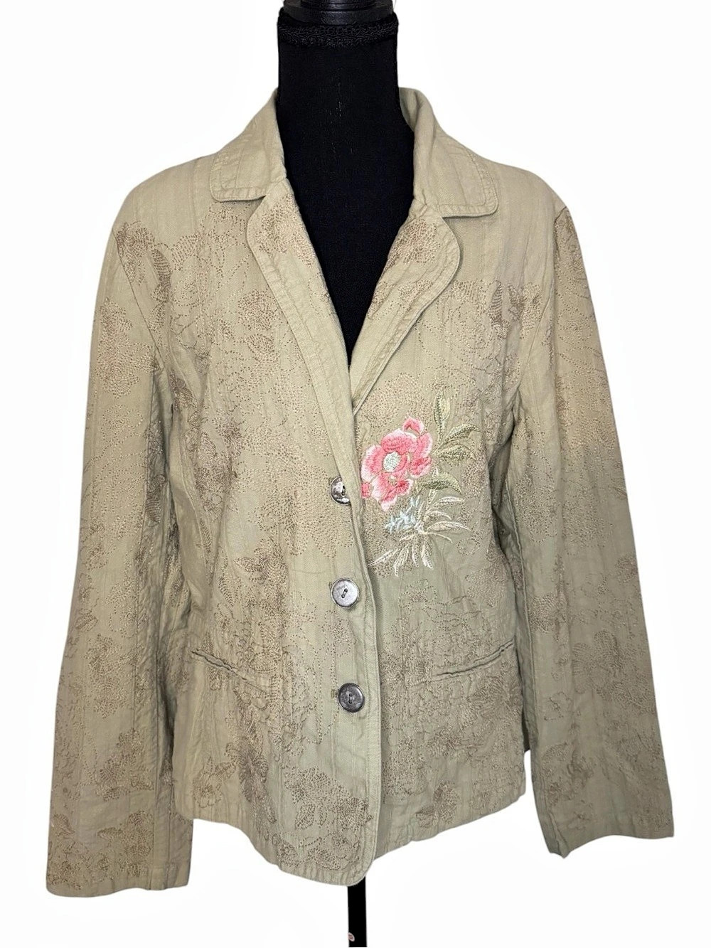 Johnny Was Floral Embroidered Blazer in Green Size Large